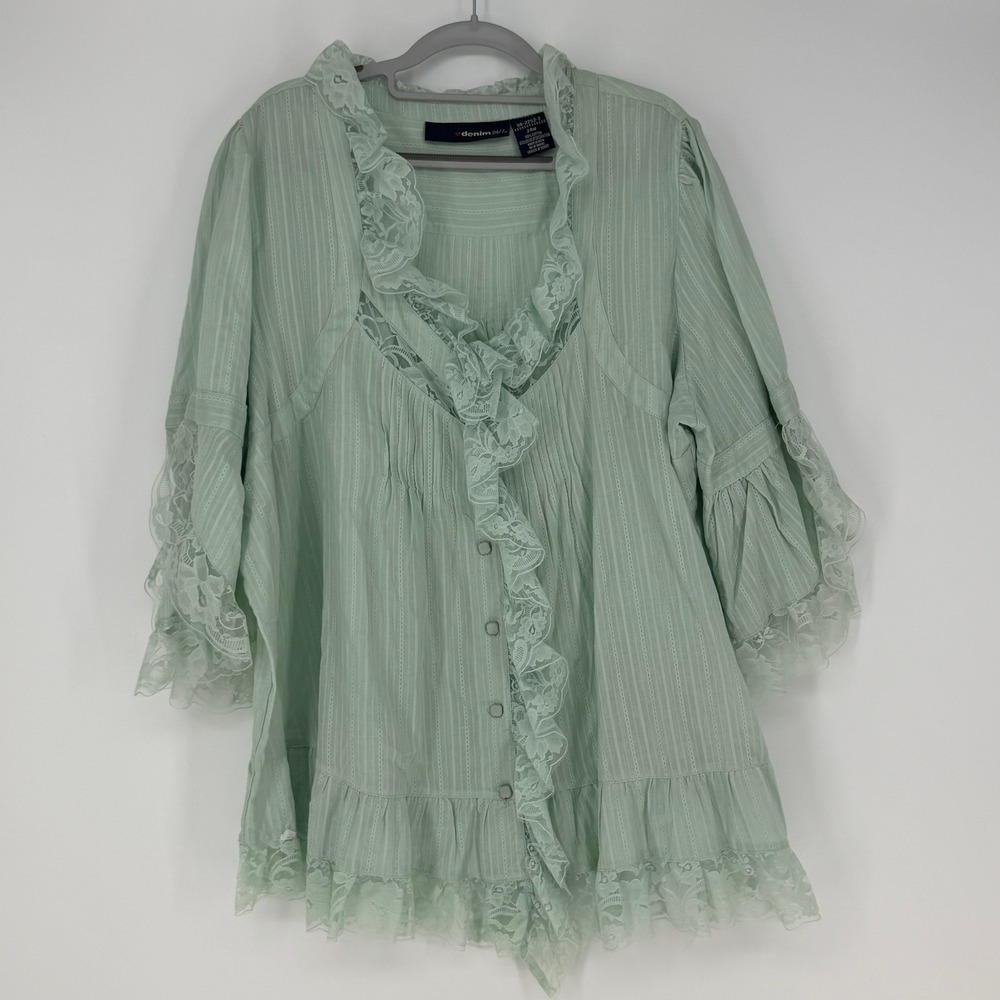 Denim 24/7 Blouse Womens 24W Green Lace Ruffle Boho Cottagecore Romantic Peasant